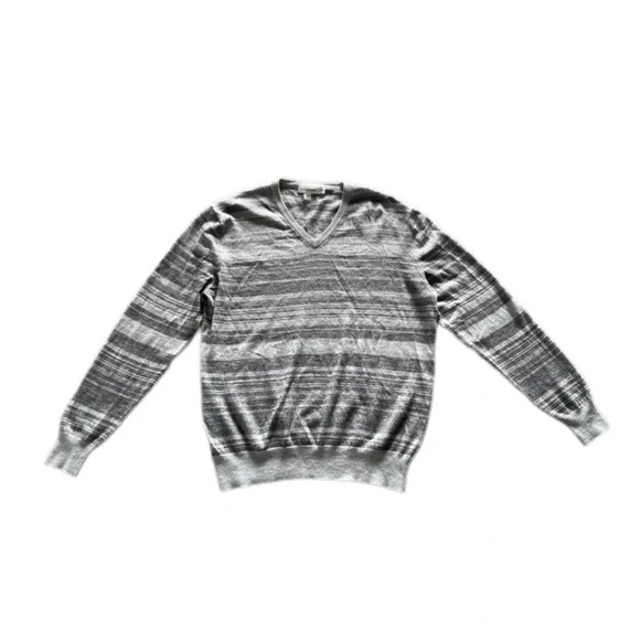 Calvin Klein Gray Striped Long Sleeve V Neck Merino Wool Blend Sweater womens XL - Picture 3 of 11